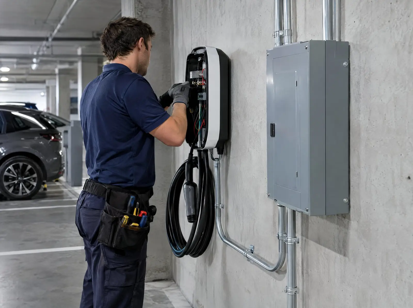 Technician installing an EV charger