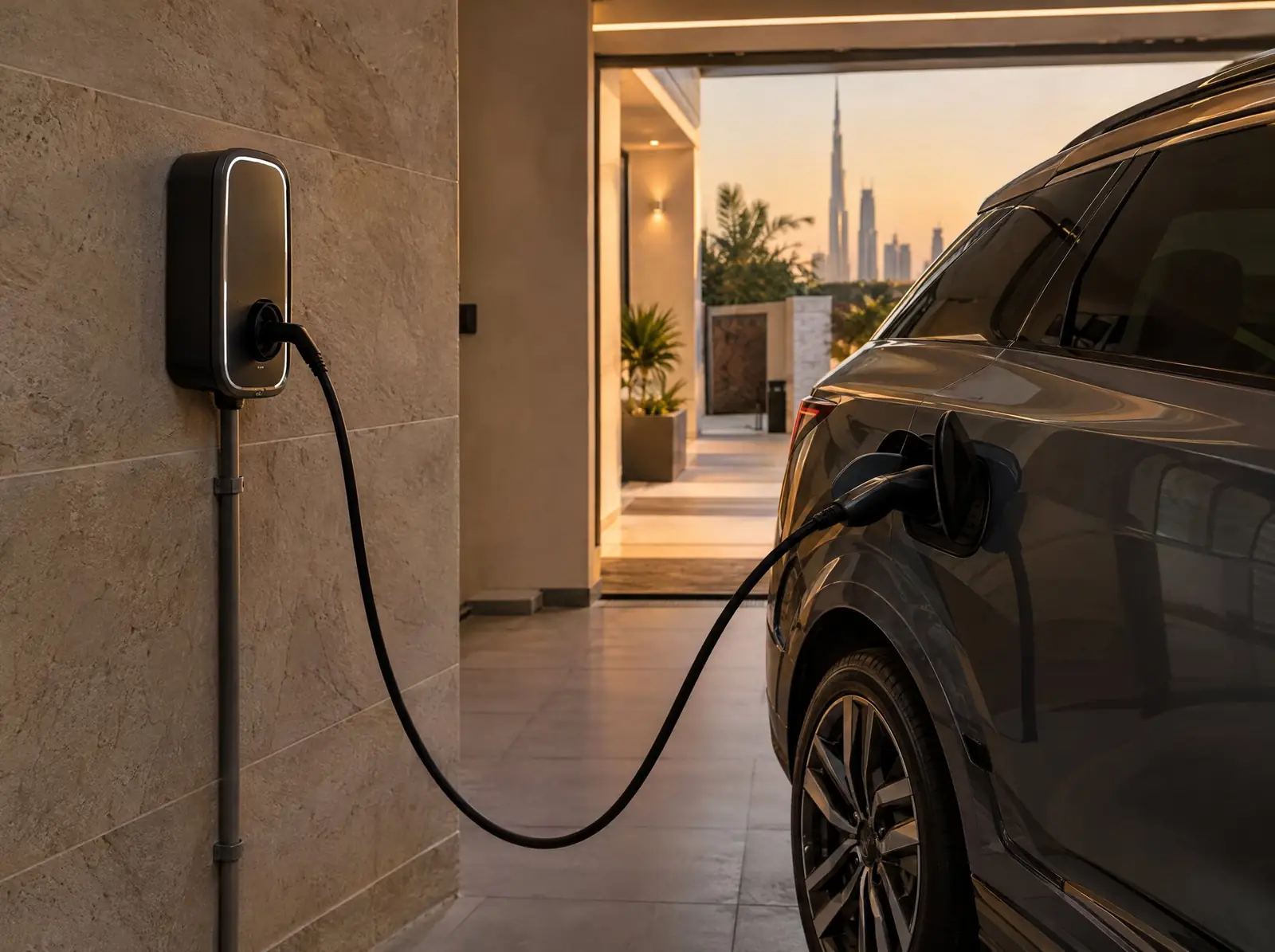 Wall-mounted EV charger at a villa